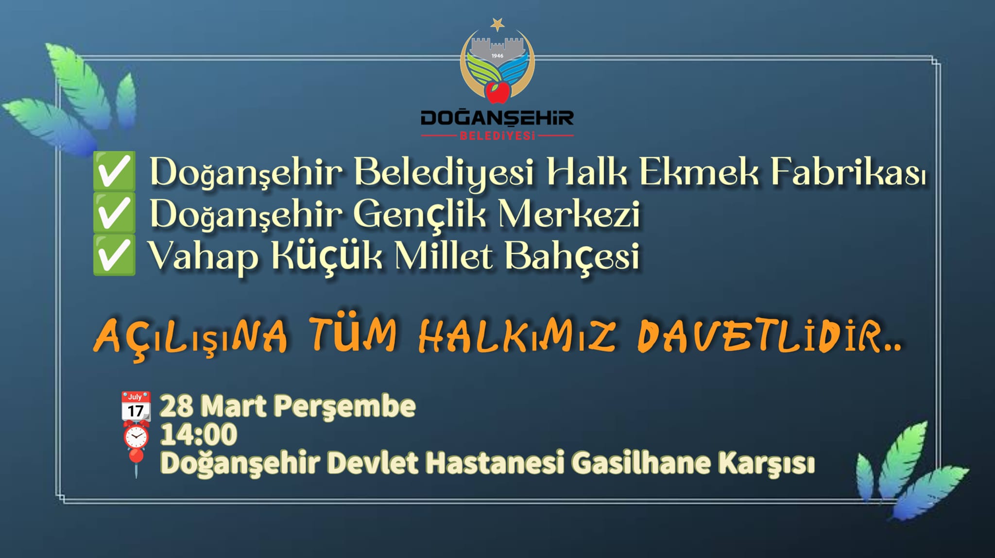 Doğanşehir Belediyesi, Halk Ekmek Fabrikası, Gençlik Merkezi ve Vahap Küçük Millet Bahçesi'ni tanıtmak için toplu açılış etkinliği düzenliyor.